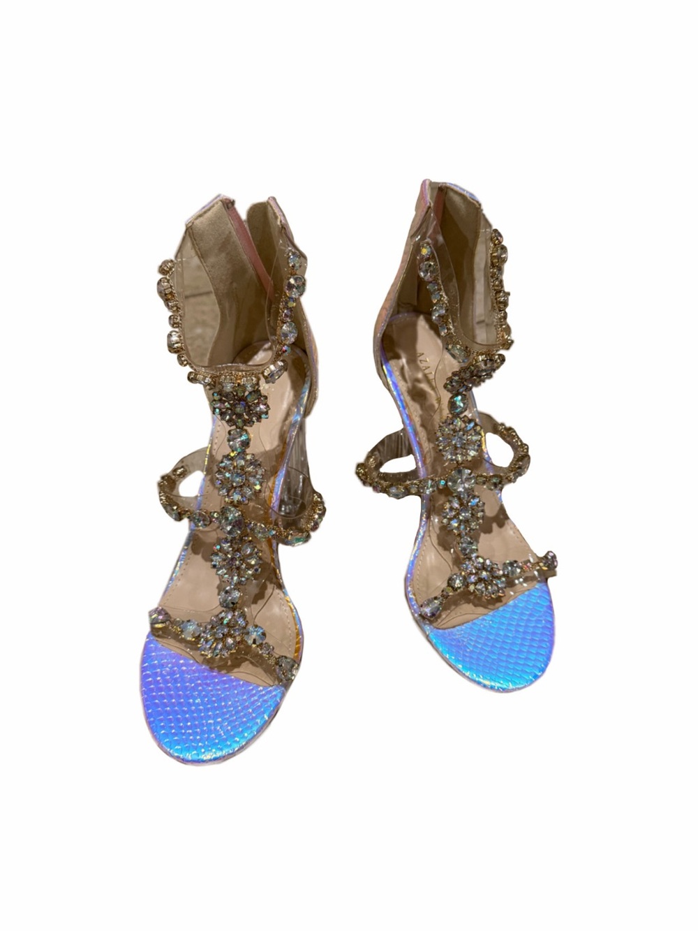 Azalea Wang Mermaid Snakeskin Iridescent Heels w Rhinestones